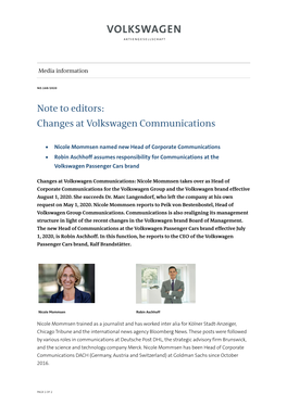 Note to Editors: Changes at Volkswagen Communications