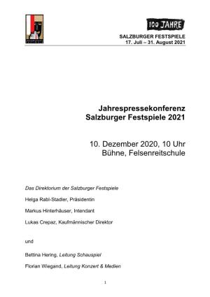 Jahrespressekonferenz Salzburger Festspiele 2021 10. Dezember