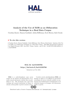 Analysis of the Use of XOR As an Obfuscation Technique in a Real Data Corpus Carolina Zarate, Simson Garfinkel, Aubin Heffernan, Scott Horras, Kyle Gorak