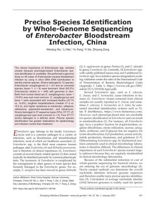 Precise Species Identification by Whole-Genome Sequencing of Enterobacter Bloodstream Infection, China Wenjing Wu,1 Li Wei,1 Yu Feng, Yi Xie, Zhiyong Zong