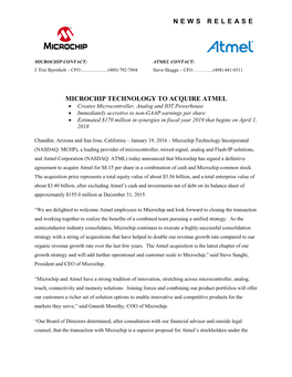 News Release Microchip Technology to Acquire Atmel
