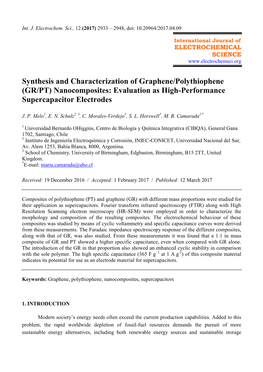 Synthesis and Characterization of Graphene/Polythiophene (GR/PT) Nanocomposites: Evaluation As High-Performance Supercapacitor Electrodes