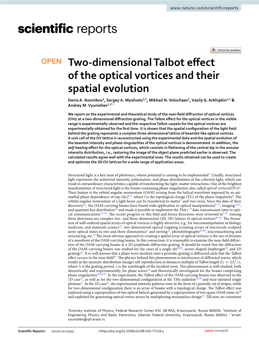 Two-Dimensional Talbot Effect of the Optical Vortices and Their Spatial