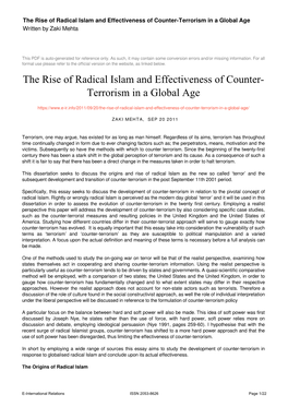 The Rise of Radical Islam and Effectiveness of Counter-Terrorism in a Global Age Written by Zaki Mehta