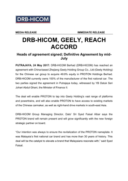 DRB-HICOM, GEELY, REACH ACCORD Heads of Agreement Signed; Definitive Agreement by Mid- July