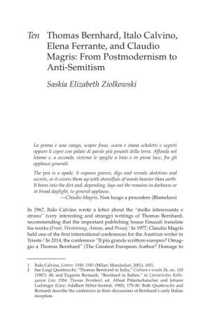 Ten Thomas Bernhard, Italo Calvino, Elena Ferrante, and Claudio Magris: from Postmodernism to Anti-Semitism