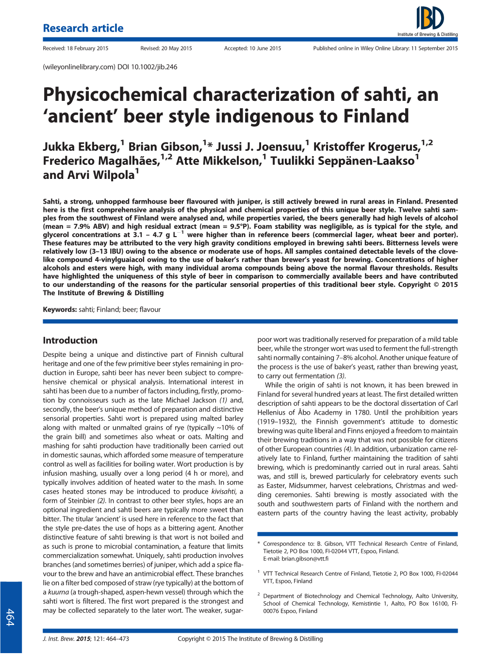 Physicochemical Characterization of Sahti, an 'Ancient' Beer Style