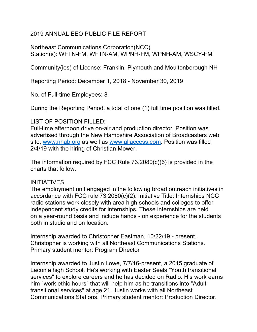 2019 ANNUAL EEO PUBLIC FILE REPORT Northeast