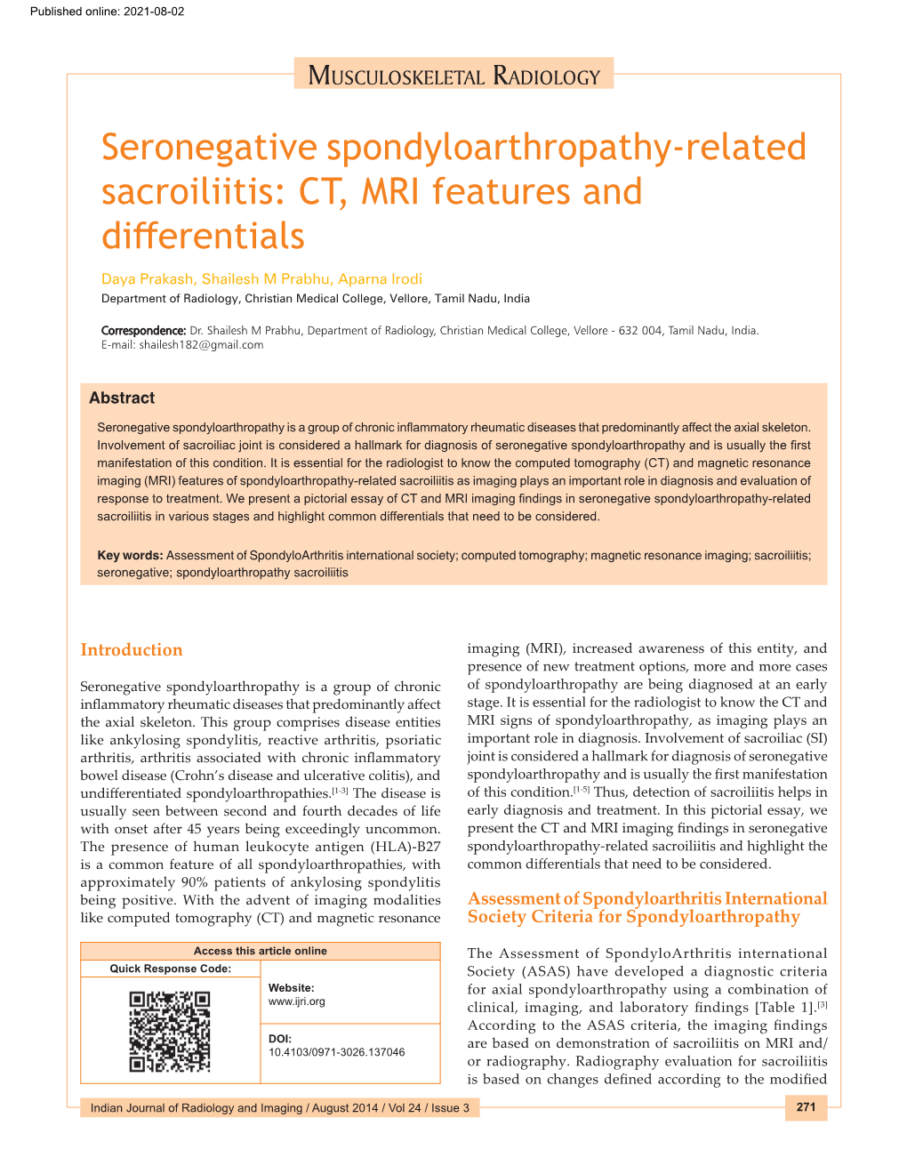 Seronegative Spondyloarthropathy‑Related Sacroiliitis