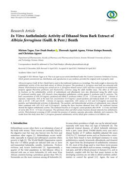 In Vitro Anthelmintic Activity of Ethanol Stem Bark Extract of Albizia Ferruginea (Guill