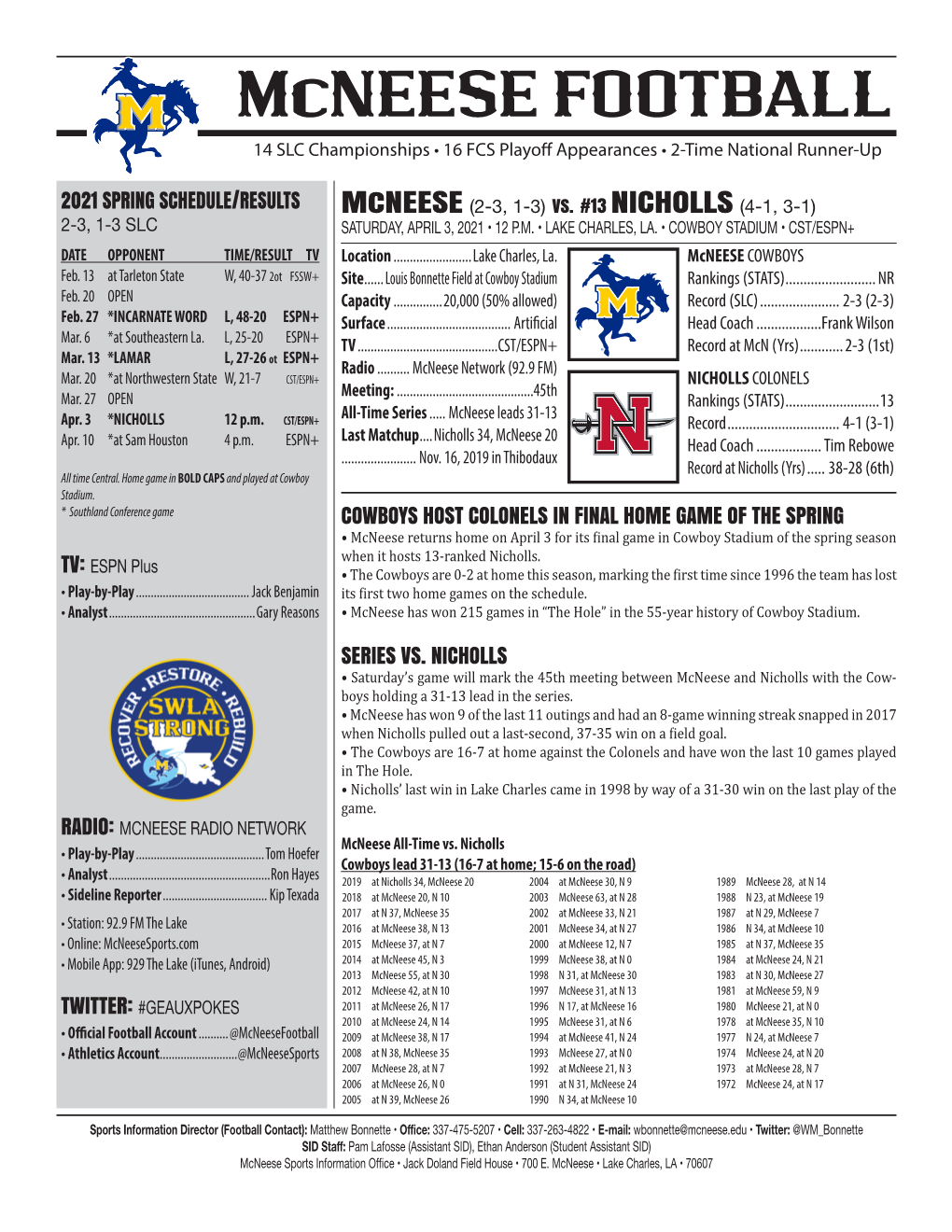 Mcneese FOOTBALL 14 SLC Championships • 16 FCS Playoff Appearances • 2-Time National Runner-Up