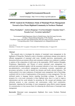 SWOT Analysis for Preliminary Study of Municipal Waste Management Toward a Zero Waste Highland Community in Northern Thailand