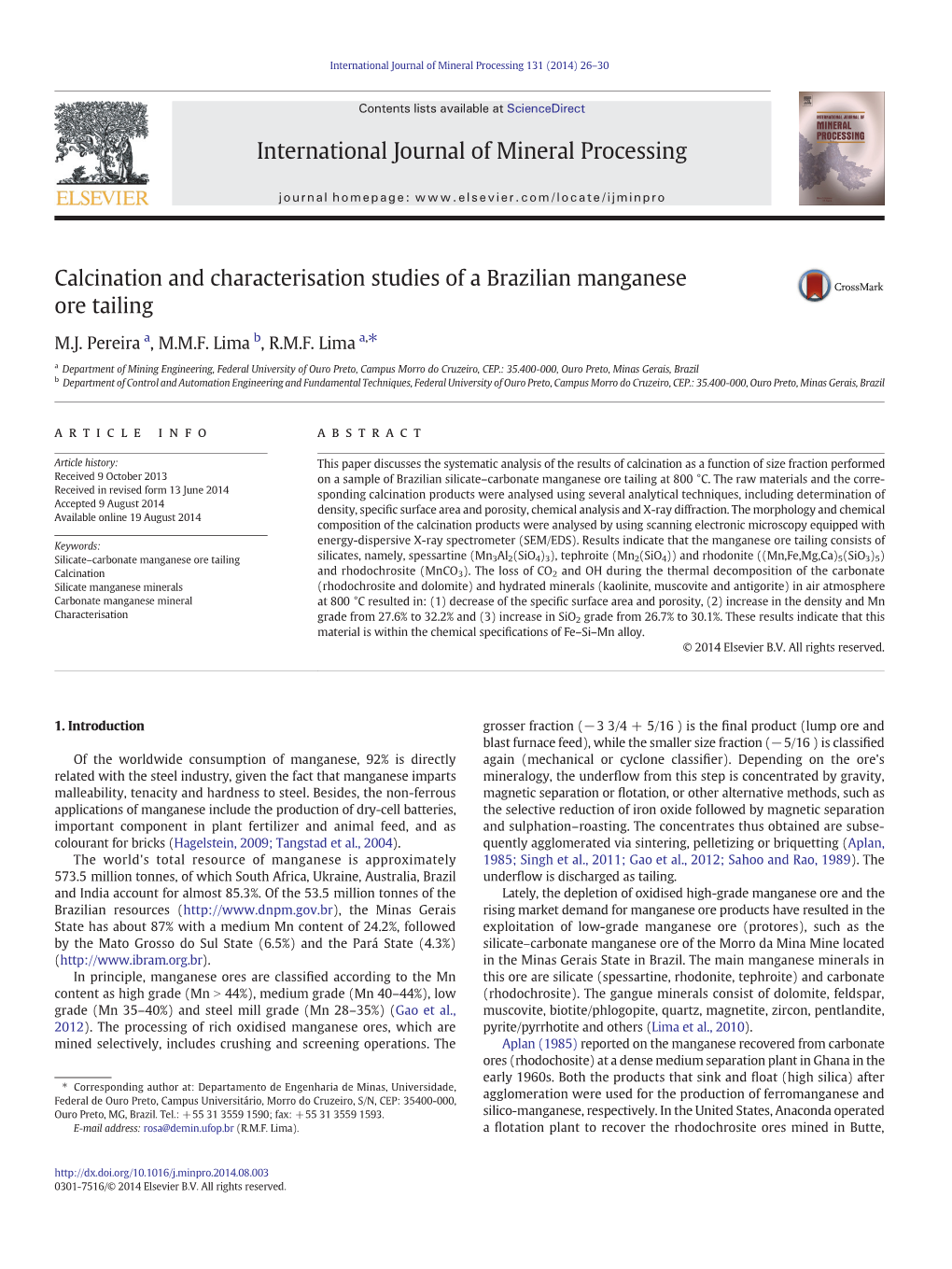 Calcination and Characterisation Studies of a Brazilian Manganese Ore Tailing