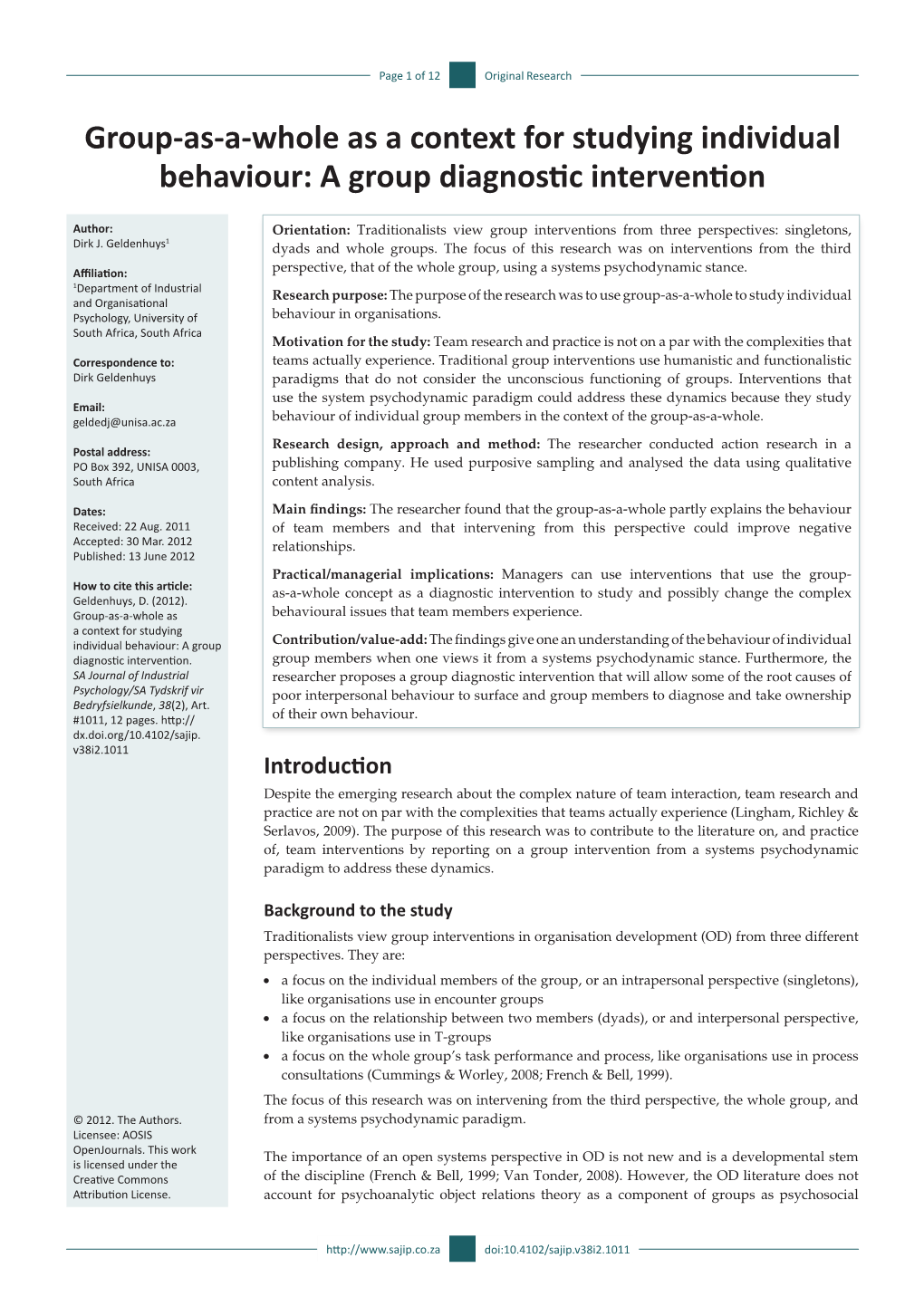 Group-As-A-Whole As a Context for Studying Individual Behaviour: a Group Diagnostic Intervention