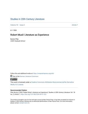 Robert Musil: Literature As Experience