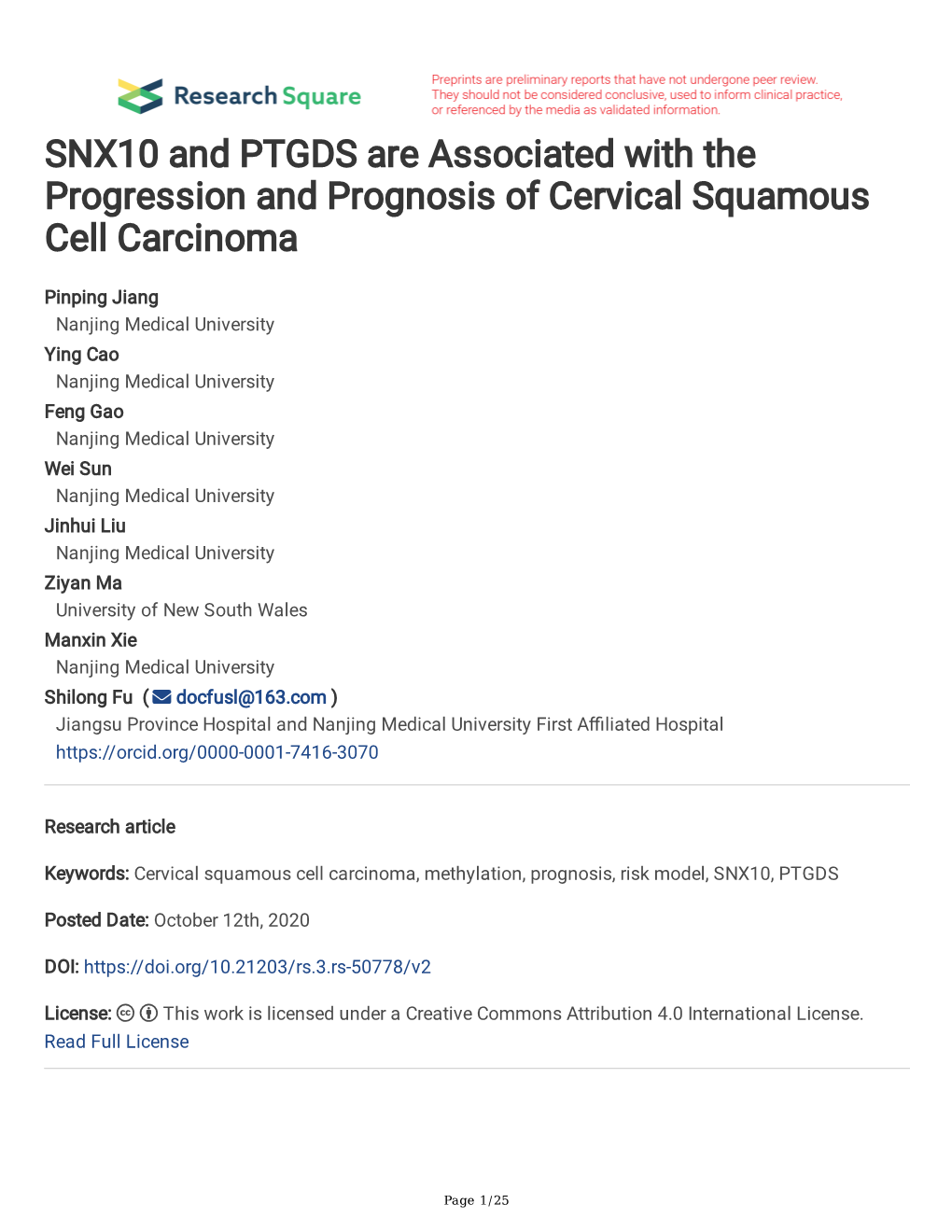SNX10 and PTGDS Are Associated with the Progression and Prognosis of Cervical Squamous Cell Carcinoma