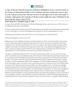 A Copy of the Last Will and Testament of Richard Bellingham, Esqr. Late