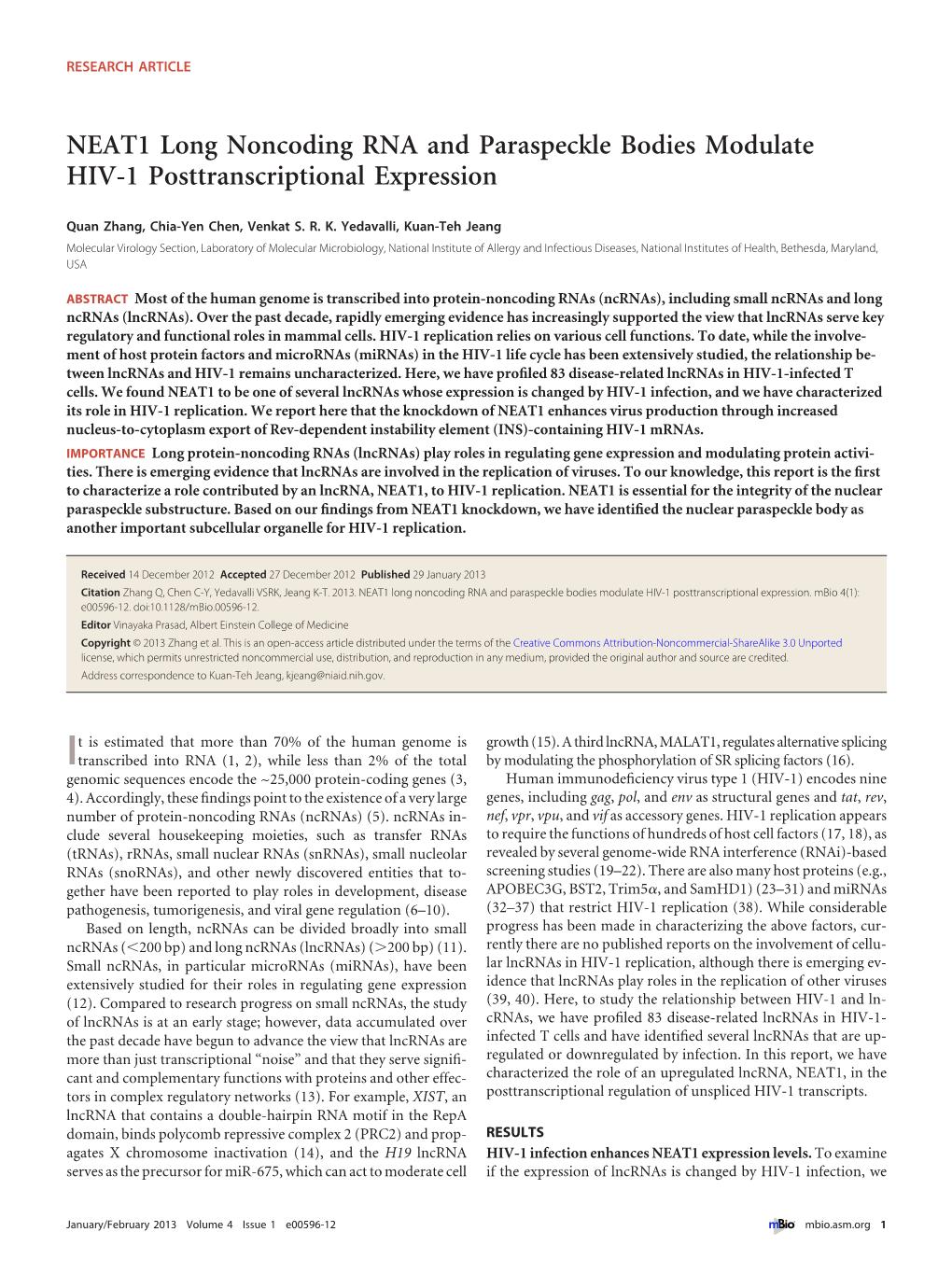 NEAT1 Long Noncoding RNA and Paraspeckle Bodies Modulate HIV-1 Posttranscriptional Expression