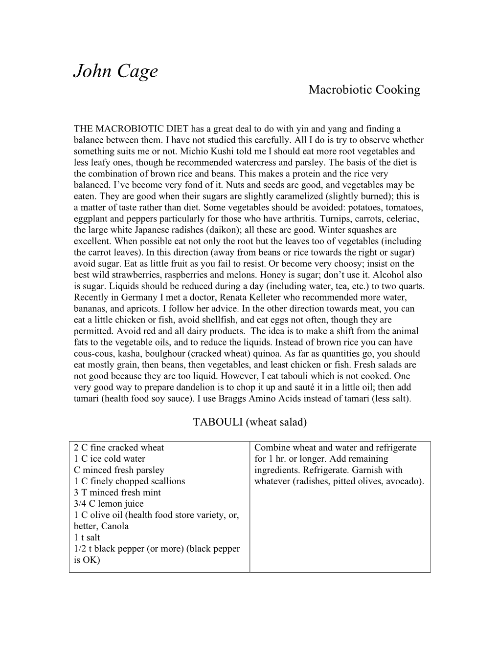 Cage Macrobiotic Recipes