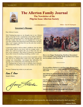 The Allerton Family Journal the Newsletter of the Pilgrim Isaac Allerton Society