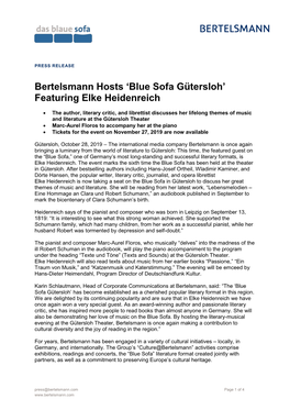 Bertelsmann Hosts 'Blue Sofa Gütersloh' Featuring Elke Heidenreich