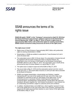 SSAB Announces the Terms of Its Rights Issue