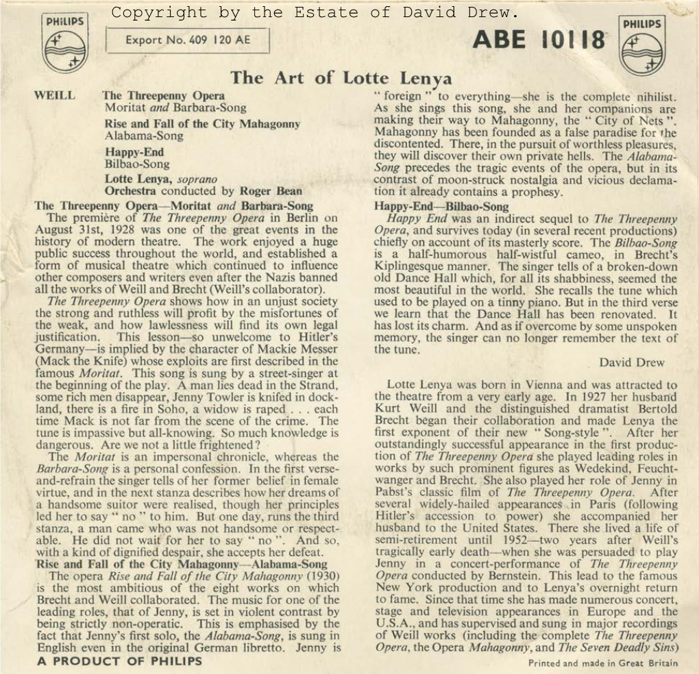 The Art of Lotte Lenya E WEILL the Threepenny Opera " Foreign " to Everything- She Is the Complete Nihilist