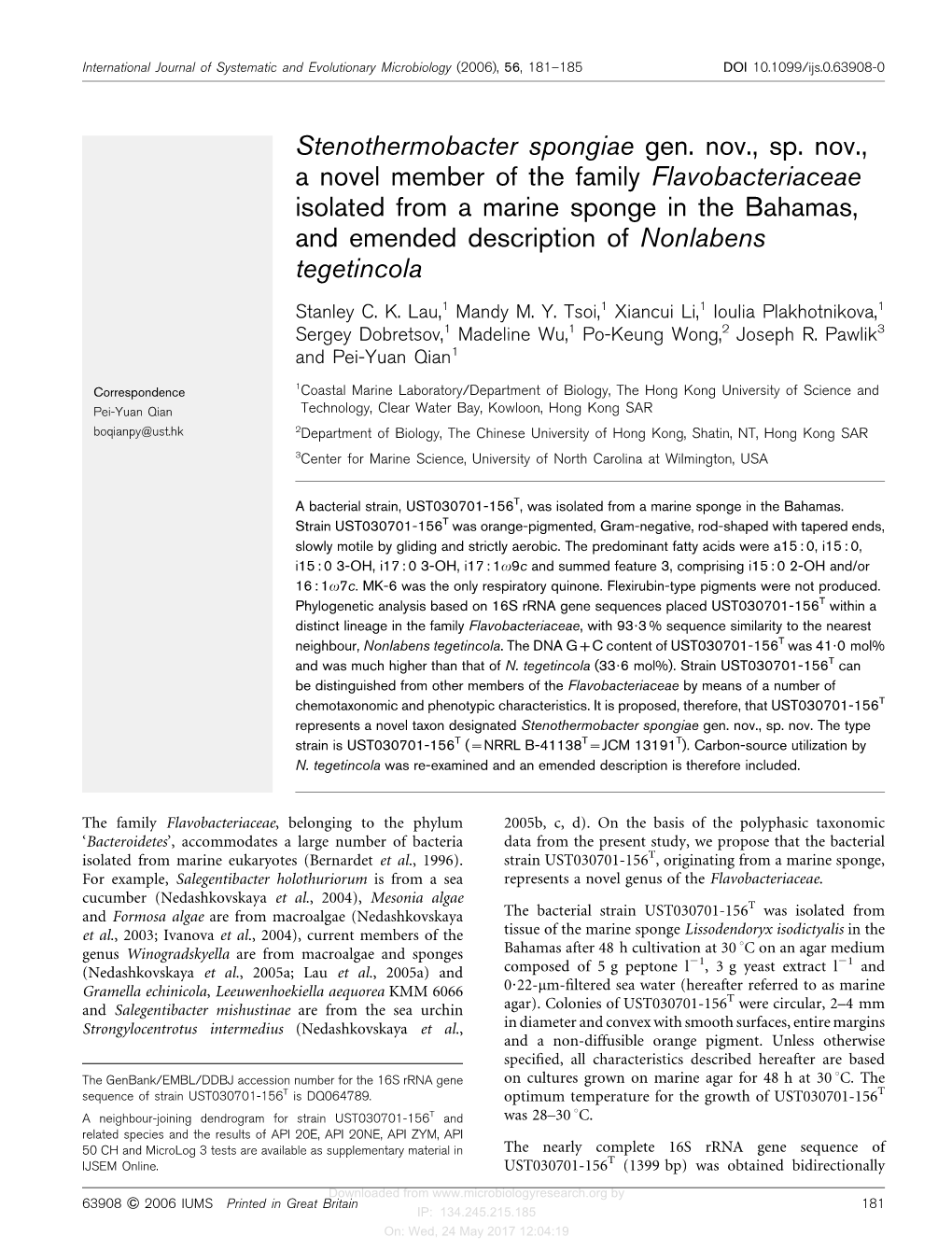 Stenothermobacter Spongiae Gen. Nov., Sp. Nov., a Novel Member of The