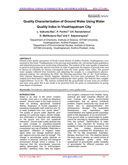 Research Article Quality Characterization of Ground Water Using Water Quality Index in Visakhapatnam City L
