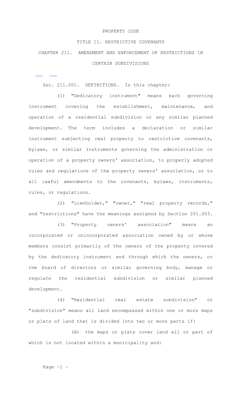 Chapter 211. Amendment and Enforcement of Restrictions in Certain Subdivisions