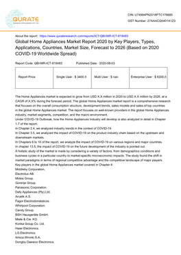 Global Home Appliances Market Report 2020 by Key Players, Types, Applications, Countries, Market Size, Forecast to 2026 (Based on 2020 COVID-19 Worldwide Spread)