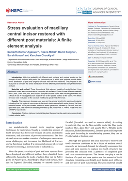 Stress Evaluation of Maxillary Central Incisor Restored with Different Post