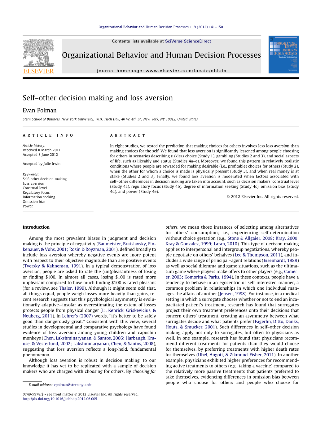 Selfв€“Other Decision Making and Loss Aversion