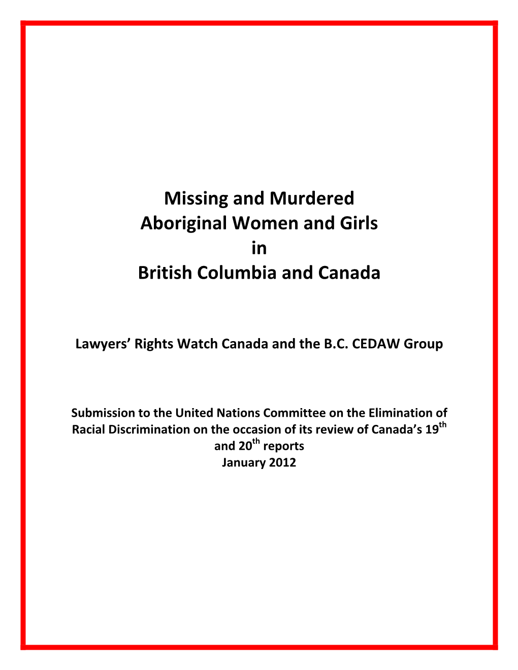 Missing and Murdered Aboriginal Women and Girls in British Columbia and Canada