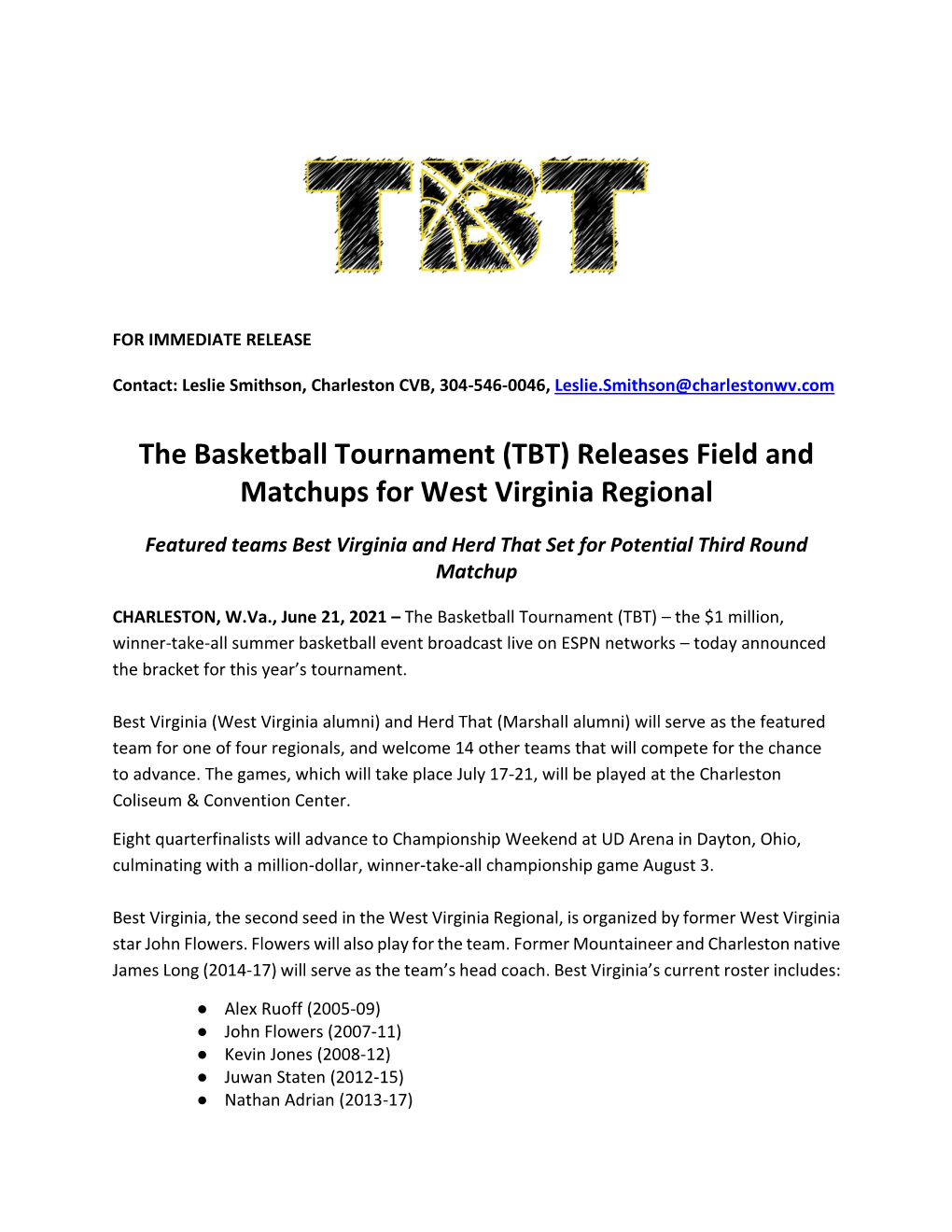 The Basketball Tournament (TBT) Releases Field and Matchups for West Virginia Regional