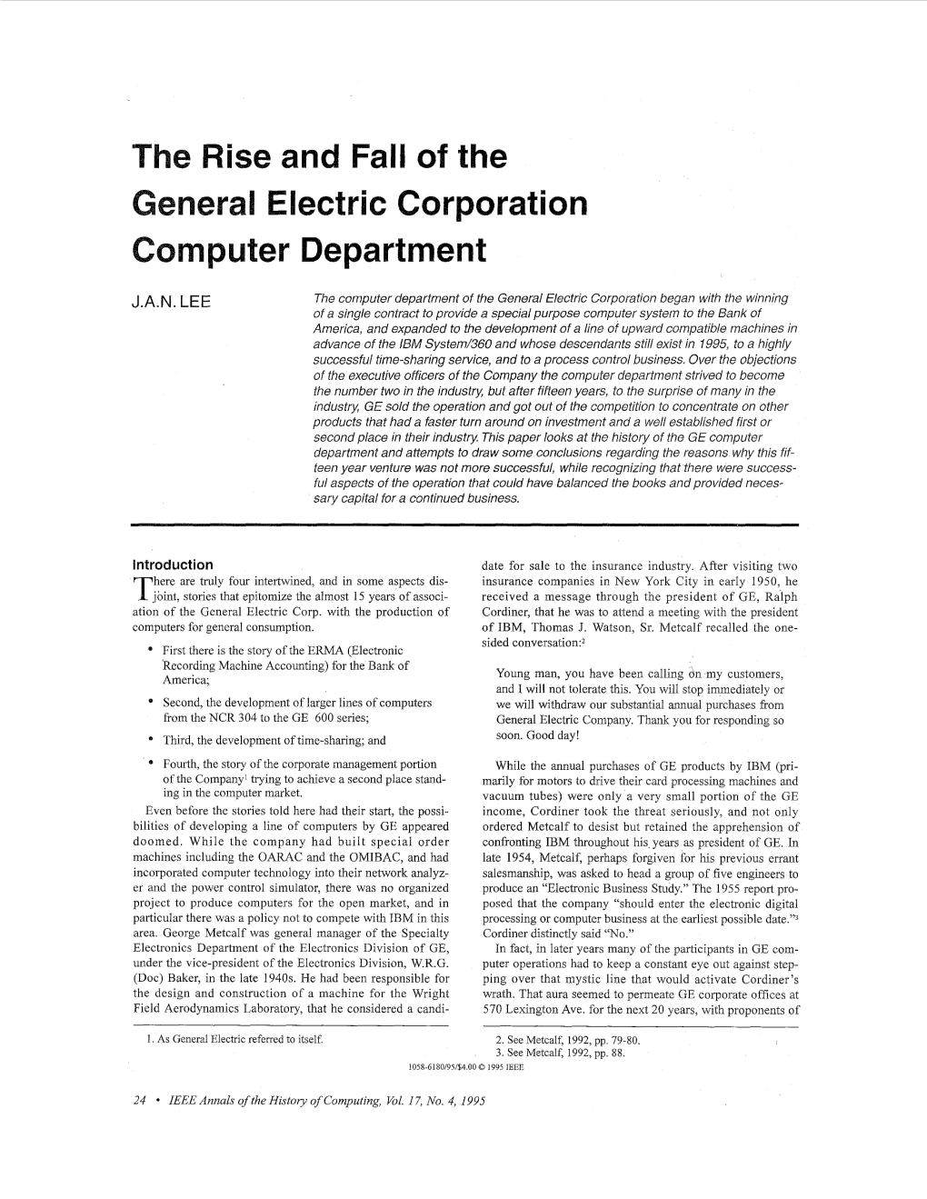 The Rise and Fall of the General Electric Corporation Computer Department