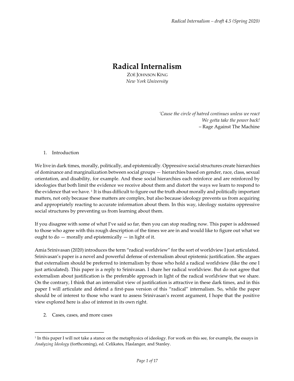 Radical Internalism – Draft 4.5 (Spring 2020)