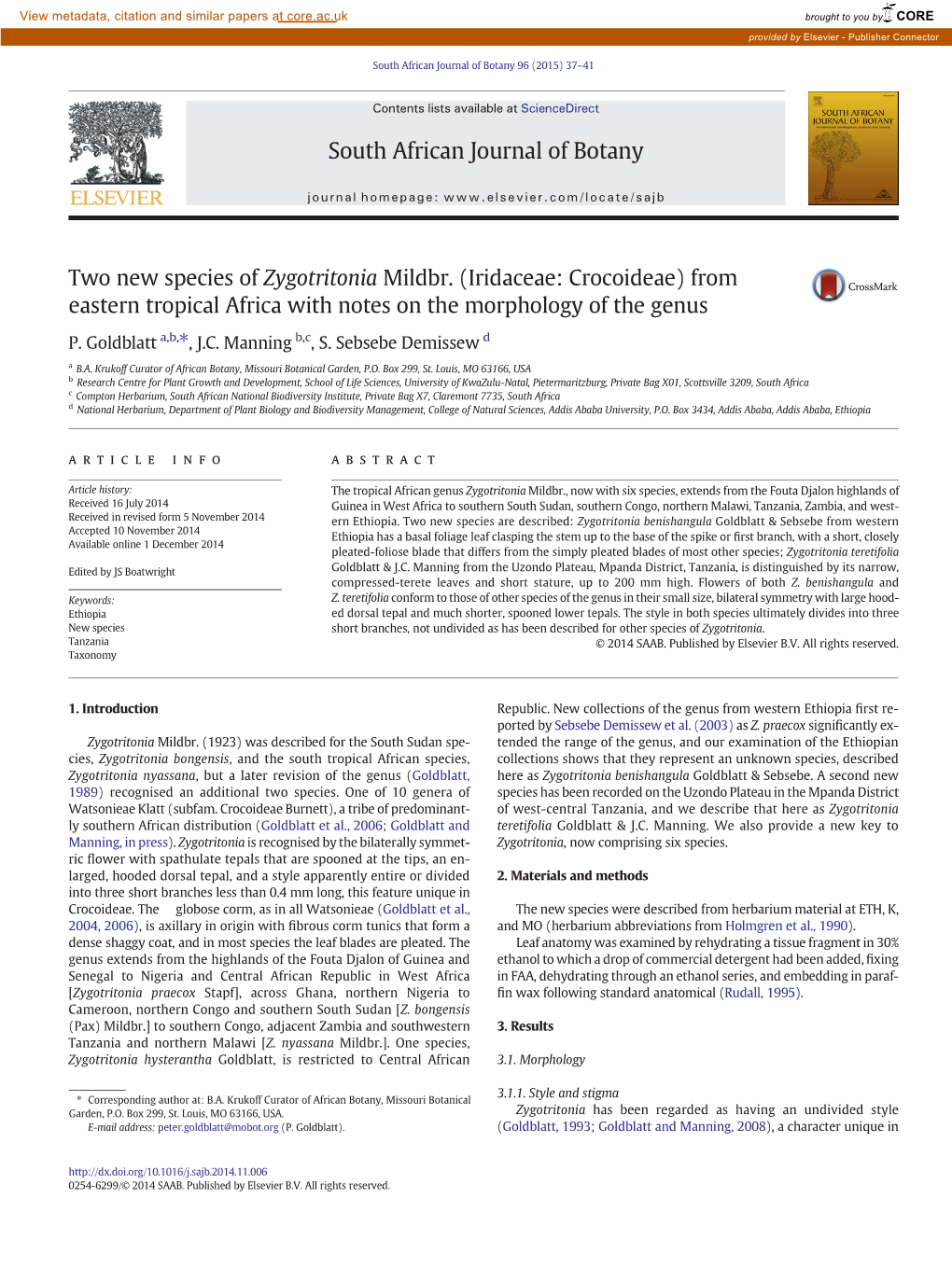 Two New Species of Zygotritonia Mildbr. (Iridaceae: Crocoideae) from Eastern Tropical Africa with Notes on the Morphology of the Genus