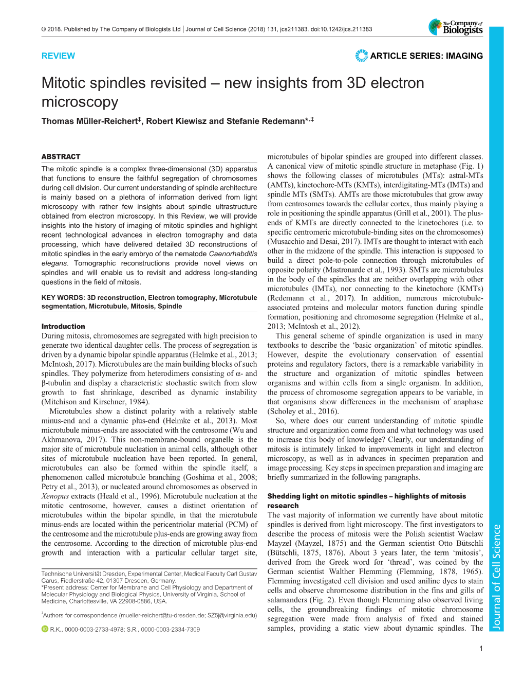 Mitotic Spindles Revisited – New Insights from 3D Electron Microscopy Thomas Müller-Reichert‡, Robert Kiewisz and Stefanie Redemann*,‡