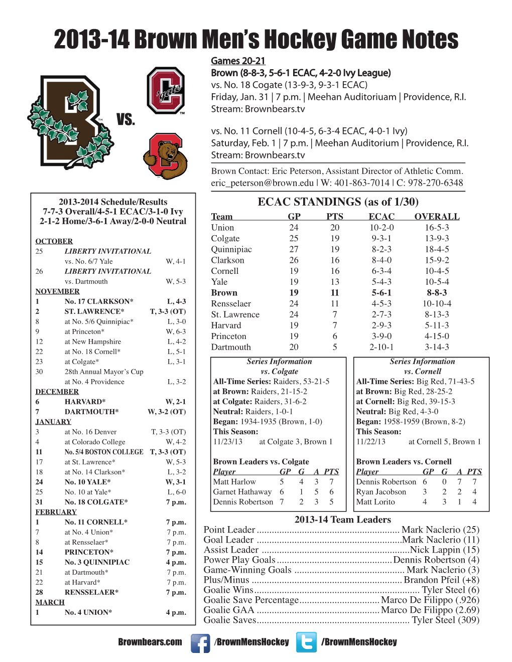 2013-14 Brown Men's Hockey Game Notes