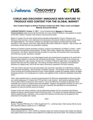 Corus and Discovery Announce New Venture to Produce Kids Content for the Global Market