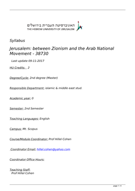 Syllabus Jerusalem: Between Zionism and the Arab National Movement - 38730