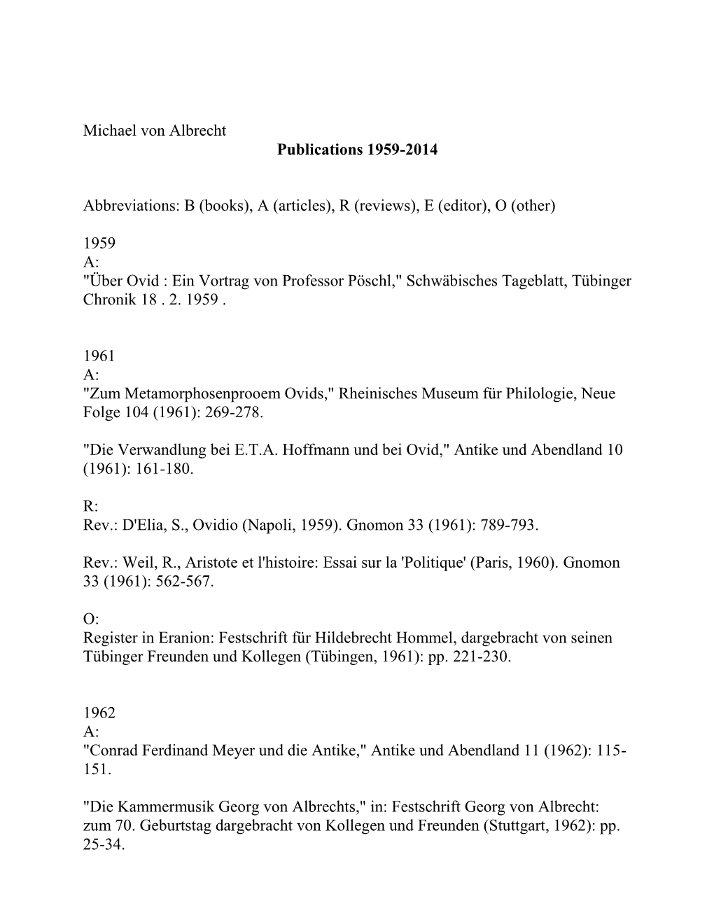 Michael Von Albrecht Publications 1959-2014 Abbreviations: B (Books)