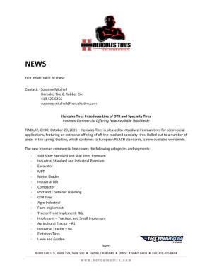 FOR IMMEDIATE RELEASE Contact: Suzanne Mitchell Hercules Tire