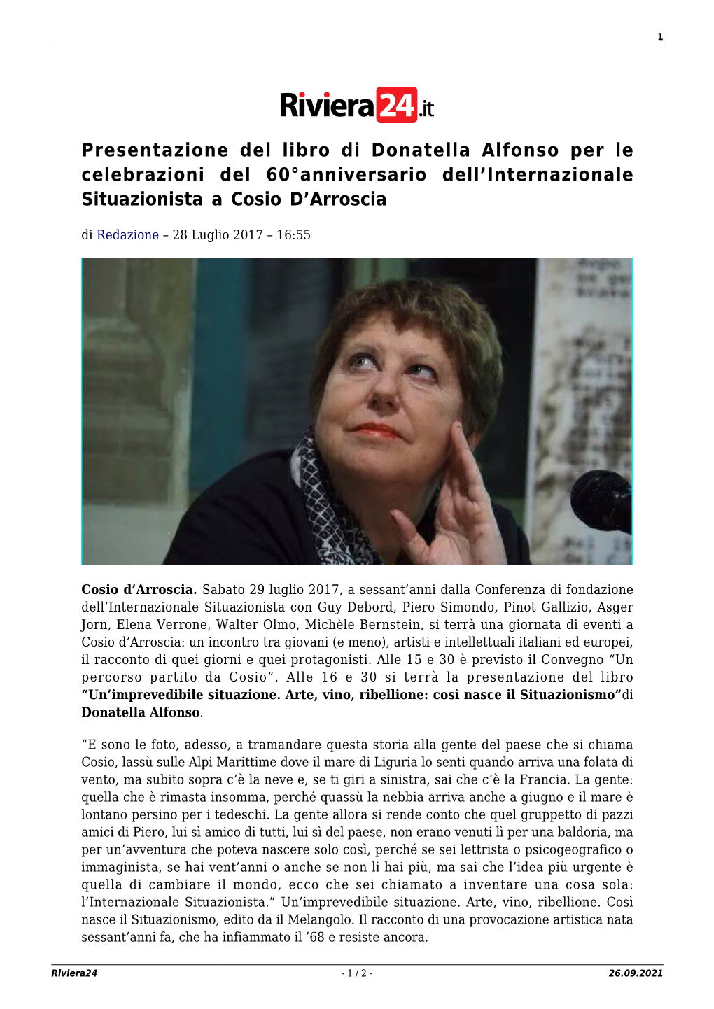 Presentazione Del Libro Di Donatella Alfonso Per Le Celebrazioni Del 60°Anniversario Dell’Internazionale Situazionista a Cosio D’Arroscia