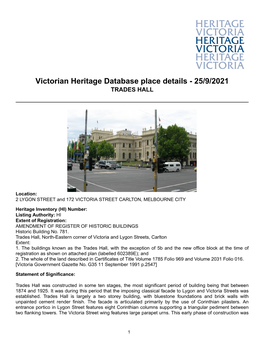 Victorian Heritage Database Place Details - 25/9/2021 TRADES HALL
