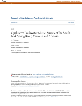 Qualitative Freshwater Mussel Survey of the South Fork Spring River, Missouri and Arkansas H