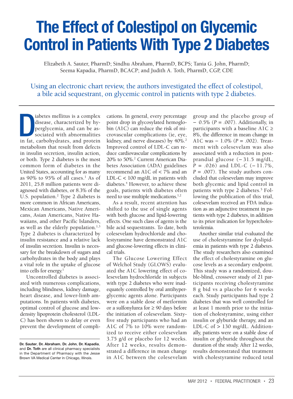 The Effect of Colestipol on Glycemic Control in Patients with Type 2 Diabetes