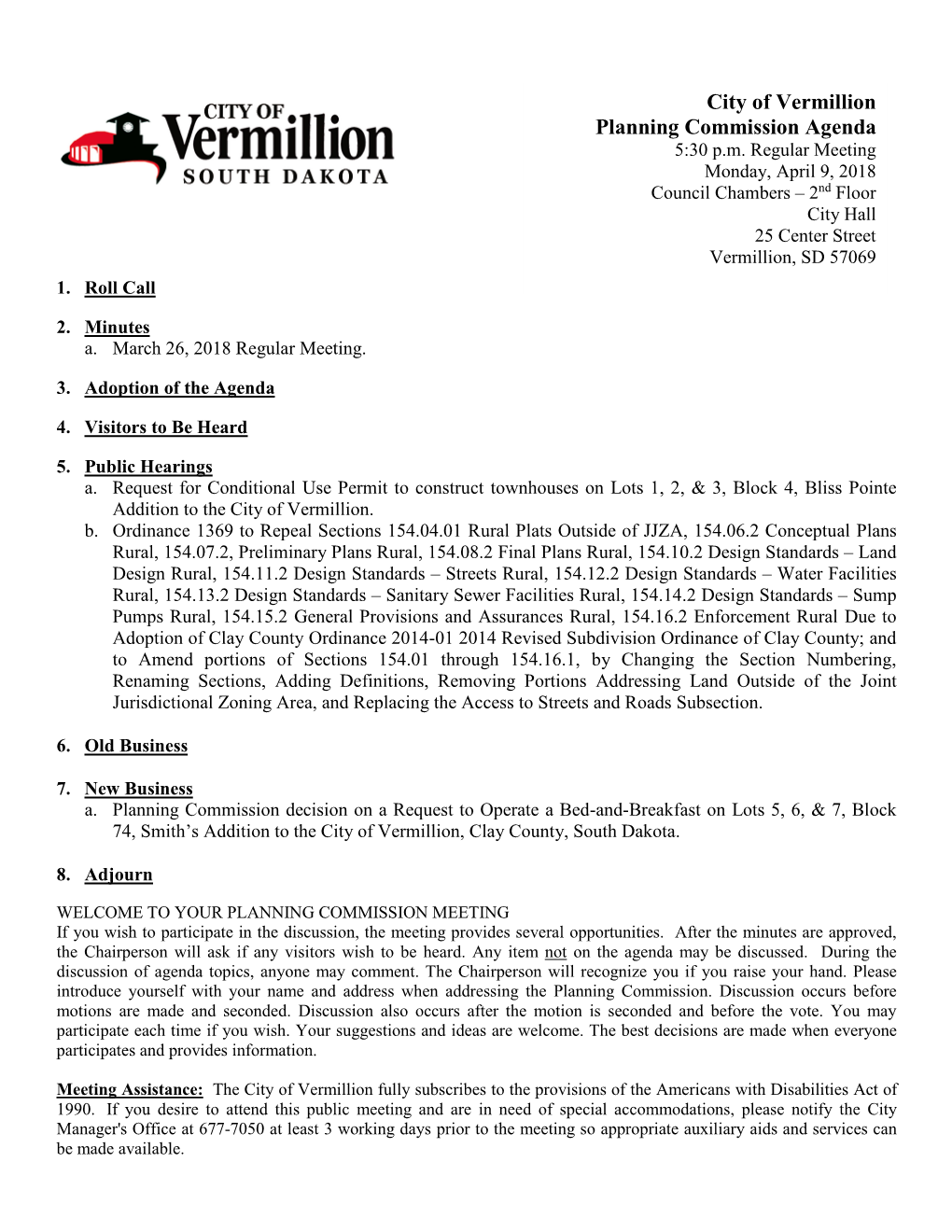 City of Vermillion Planning Commission Agenda 5:30 P.M