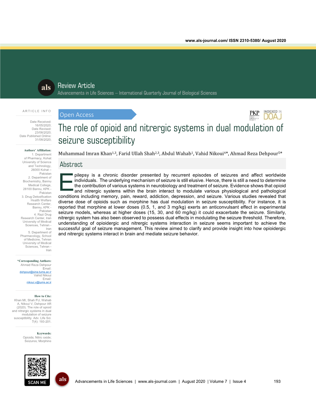 The Role of Opioid and Nitrergic Systems in Dual Modulation of Date Published Online: 31/08/2020; Seizure Susceptibility